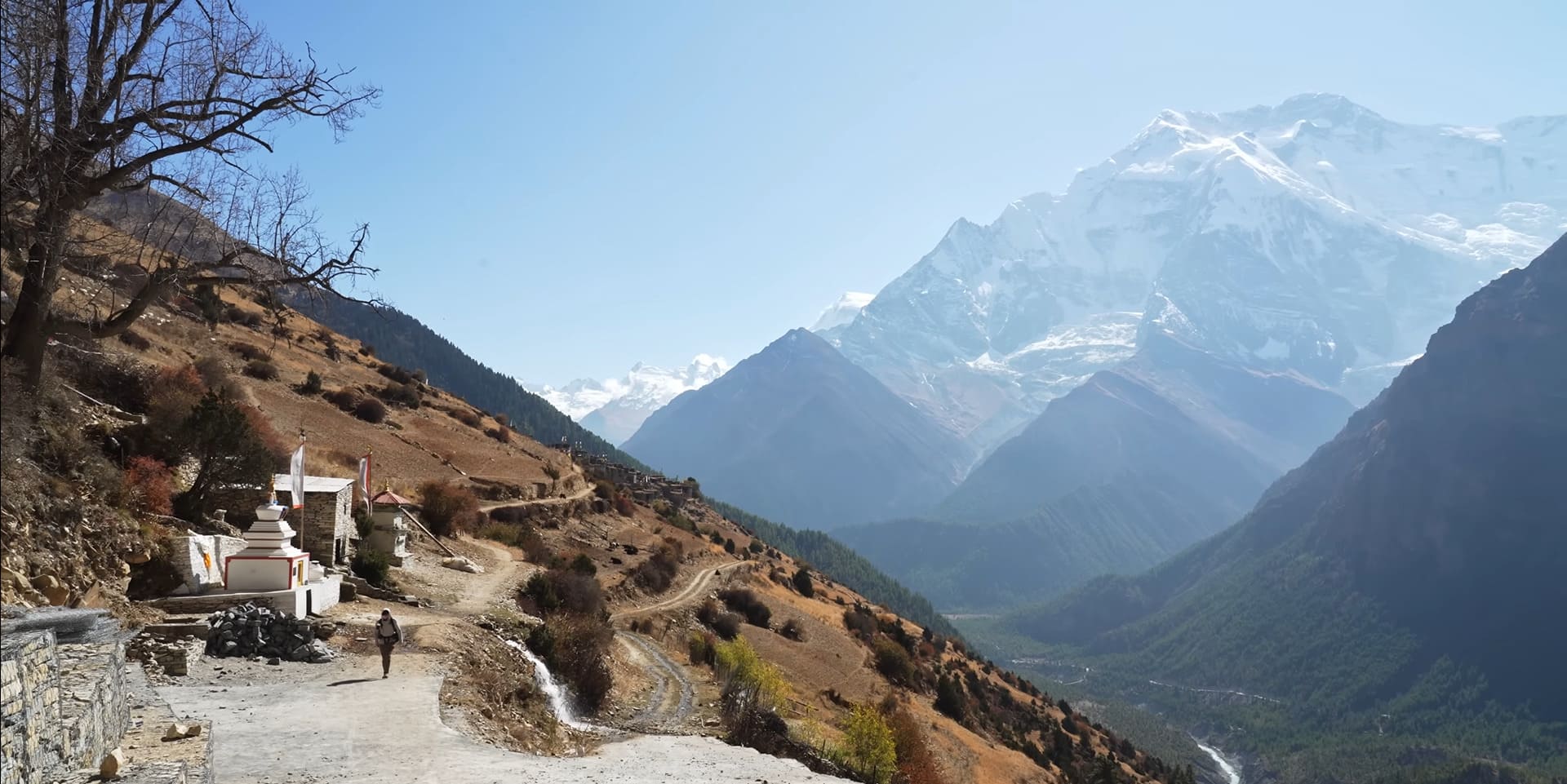 Lush green valleys and towering peaks along the Annapurna Circuit trail