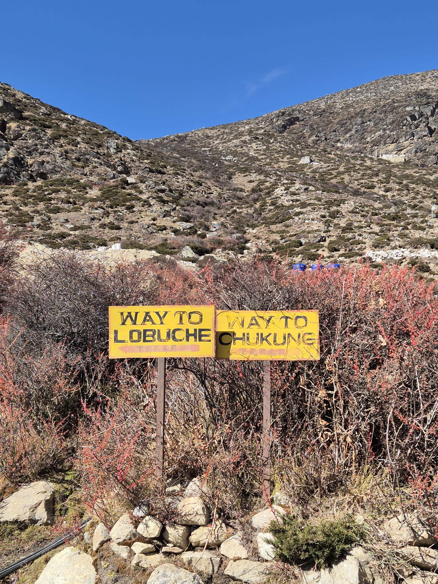 Wooden directions board at Everest Base Camp trail junction, showing multiple trekking routes with snow-covered mountains in the background.